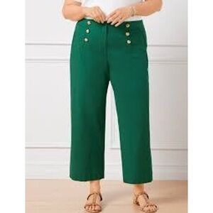 Talbots Green Sailor Pants Womens 12P Petite Wide Leg Gold Button High Rise Crop